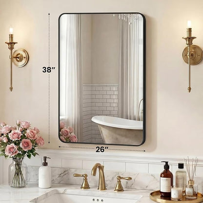 NEWBULIG 26X38 Inch Bathroom Mirror, Rectangle Wall Mirror with Rounded Corners, Black Vanity Mirrors for Bathroom Sink with Metal Frame for Bedroom, Entryway, Hangs Horizontally or Vertically