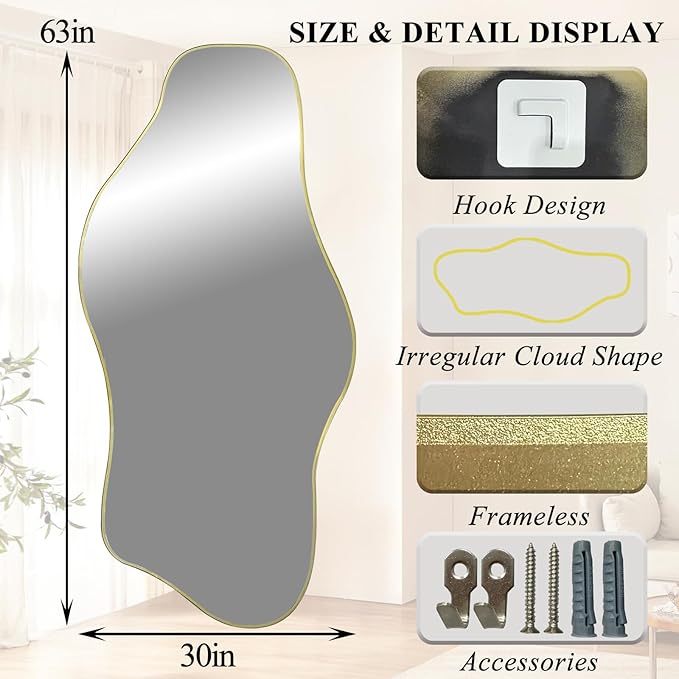 Irregular Wall Mirror, 63"x30" Large Asymmetrical Aesthetic Mirror, Gold Modern Organic Shape Frameless Mirrors for Living Room Bedroom Hallway Entryway, Horizontal or Vertical Hanging