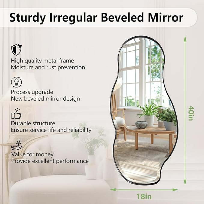 POZINO Irregular Beveled Mirror, 40"x18" Premium Bathroom Vanity Mirror with Metal Frame, Asymmetrical Organic Shaped Wall Mirrors for Living Room Bedroom Hallway Entryway, Horizontal/Vertical Hanging