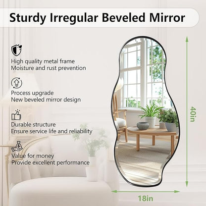 POZINO Irregular Beveled Mirror, 40"x18" Premium Bathroom Vanity Mirror with Metal Frame, Asymmetrical Organic Shaped Wall Mirrors for Living Room Bedroom Hallway Entryway, Horizontal/Vertical Hanging