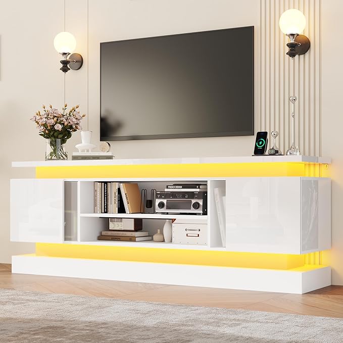 chartustriable 71IN LED TV Stands w/Power Outlet for 85/80/75 Inch TVs,High Glossy Modern Tall Entertainment Center TV Media Console Gaming with 2 Storage Cabinets,Dual LED Lights,White