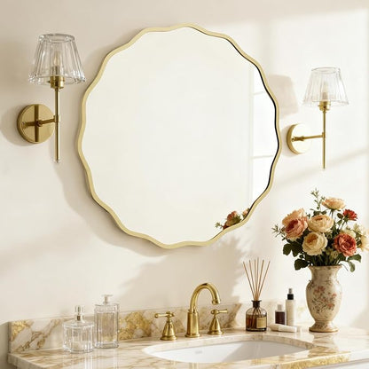HOMECOOKIN 28" Wavy Round Wall Mirror, Gold Scalloped Circle Mirror Edge Round with Metal Frame, Modern Decorative Hanging/Leaning Mirrors for Bathroom, Hotels, Hallway, Entryway, Vanity, Office