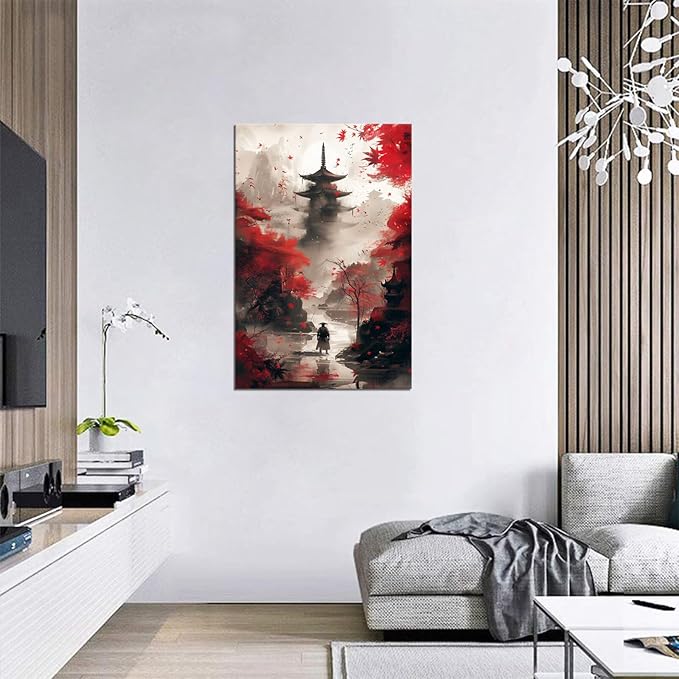 Japanese Canvas Wall Art Japanese Landscape Painting Prints Red and Black Cherry Blossom Trees Building Pictures Artwork for Men Bedroom Living Room Office (18''W x 24''H)