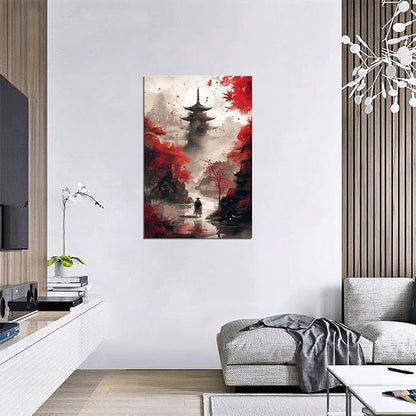 Japanese Canvas Wall Art Japanese Landscape Painting Prints Red and Black Cherry Blossom Trees Building Pictures Artwork for Men Bedroom Living Room Office (12''W x 16''H)