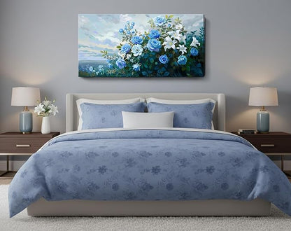 NiceTop 48x24 Inch Large Floral Canvas Wall Art, Waterproof Moisture Resistant Blue Rose White Lily Modern Botanical Artwork with Hanging Kit, Abstract Aesthetic Wrapped Canvas Print for Living Room, Bedroom, Bathroom, Boho Farmhouse Home Decor