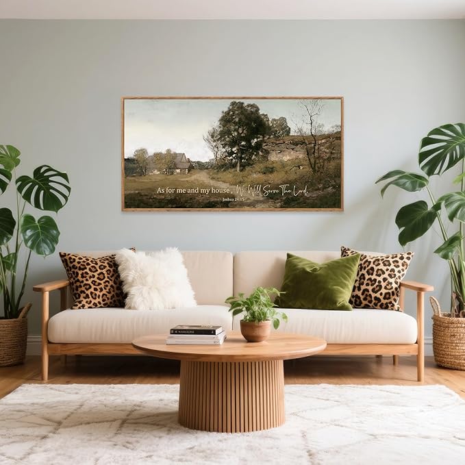 Aurlan As For Me and My House We Will Serve the Lord Wall Art(40"x20"), Farmhouse Jesus Christian Joshua 24:15 Bible Verse Scripture Canvas Artwork, Vintage Retro Cottage Country Nature Landscape Decor for Dining Room Home