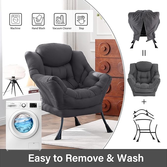 Lazy Chair, Large Accent Chair, Modern Comfy Armchair, Dark Grey Chair for Living Room Bedroom Dorm Room Office Apartment Reading Relaxing Use