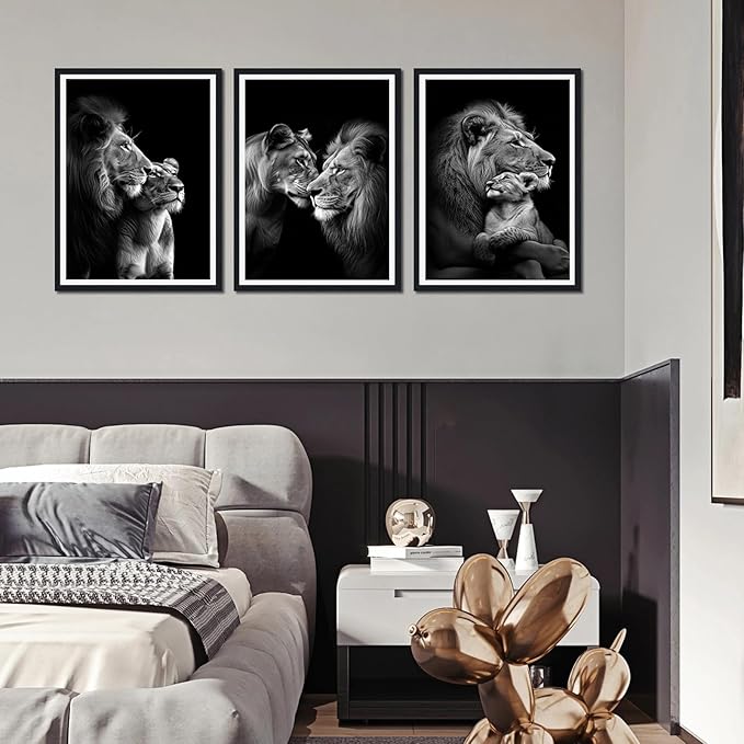 3 Pieces Wildlife Lion Family Framed Canvas Wall Art Black and White Animals Picture Wall Decor for Farmhouse African Animals Print Artwork for Office Nursery Decoration Easy to Hand 16x24inchx3pcs