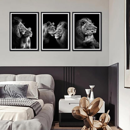 3 Pieces Wildlife Lion Family Framed Canvas Wall Art Black and White Animals Picture Wall Decor for Farmhouse African Animals Print Artwork for Office Nursery Decoration Easy to Hand 16x24inchx3pcs
