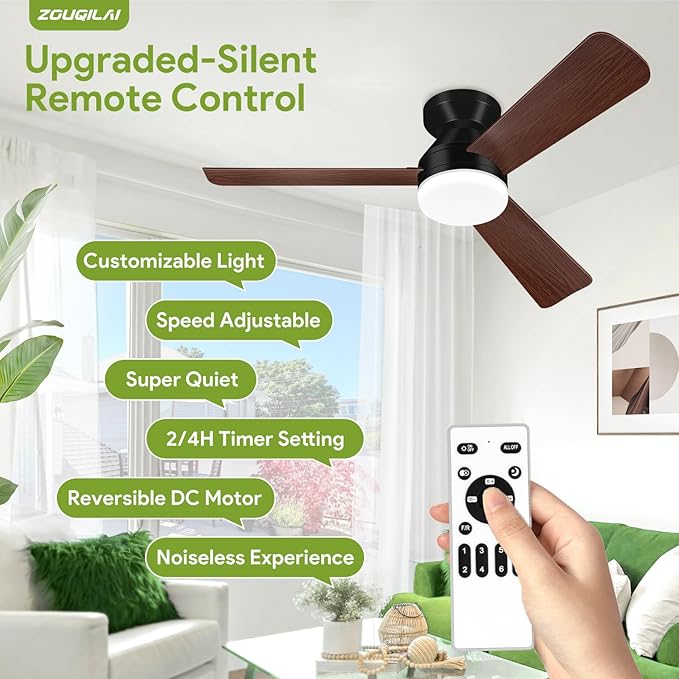 Ceiling Fans with Lights - 42 Inch Low Profile Ceiling Fan with Light and Remote, Reversible DC Motors, 3CCT Dimmable Noiseless, Black&Wood Flush Mount Ceiling Fan for Bedroom/Living Room