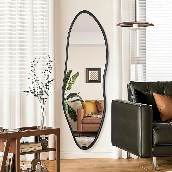 Irregular Full Length Mirror, 65"x22" Wooden Farmhouse Full Body Mirror, Large Asymmetrical Wall Mirrors for Living Room Entryway, Horizontal/Vertical, Black