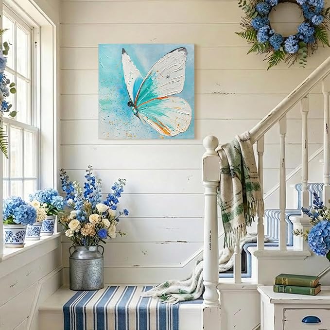 JUHOME Abstract Butterfly Wall Art – 24x24 In Original Hand-Painted Oil Painting, Blue and White Textured Canvas Wall Decor with Modern Floral Wing Details for Living Room Bedroom Office