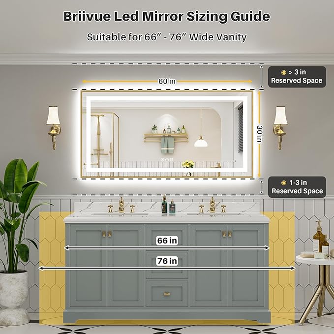 60x30 Inch LED Bathroom Mirror with Gold Frame, Backlit & Front Lit, Anti-Fog Lighted Bathroom Vanity Mirror for Wall, Memory Function, Dimmable, HD Tempered Glass, Shatter-Proof
