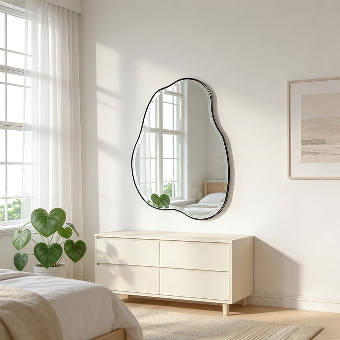 POZINO Irregular Beveled Mirror, 36"x24" Cloud Shaped Bathroom Mirrors with Metal Frame, Asymmetrical Wall Mirror for Vanity Living Room Bedroom Hallway Entryway, Horizontal or Vertical Hanging