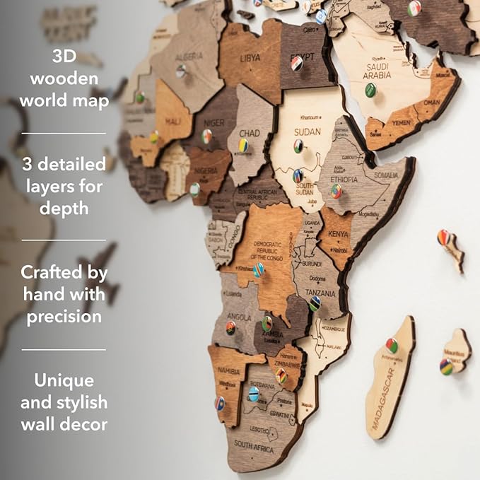 Enjoy The Wood 3D Wooden World Map Wall Art - Large Travel Map with Pins for Art Decor - Decorative Map of the World for Home, Office - Travel Wall Art Housewarming Gift Idea (Multicolor, M, Unframed)