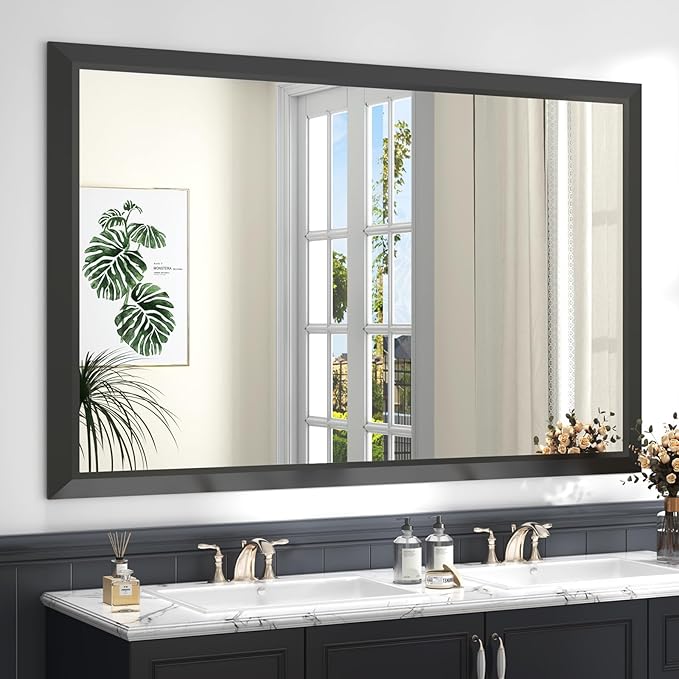 SMIROR Matte Black Bathroom Mirror for Over Sink 55x 40 inch, Metal Thick Frame Rectangle Vanity Mirror for Wall, Anti-Rust, Horizontally or Vertically Mounted