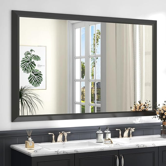 SMIROR Matte Black Bathroom Mirror for Over Sink 55x 40 inch, Metal Thick Frame Rectangle Vanity Mirror for Wall, Anti-Rust, Horizontally or Vertically Mounted