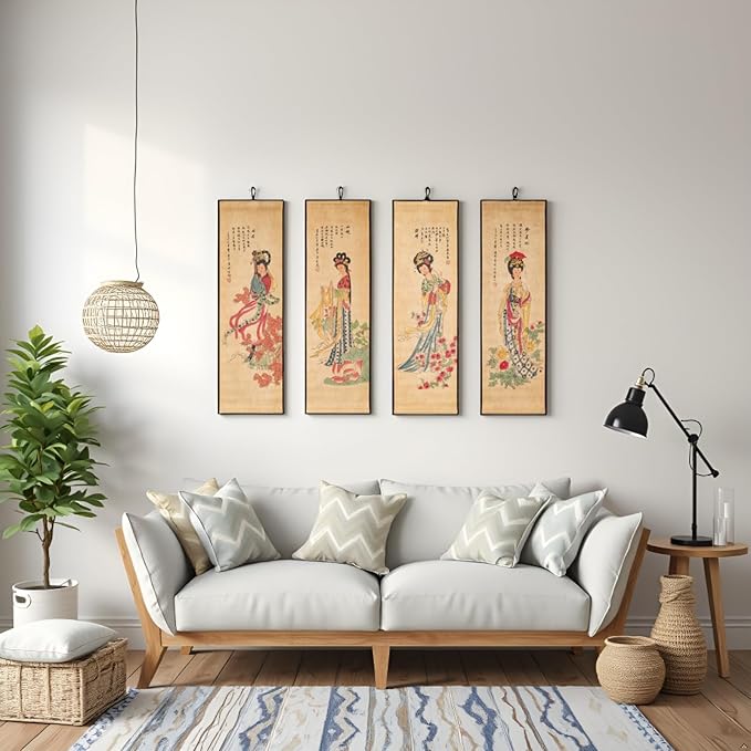 Large Japanese Geisha Woman Wall Art Framed Painting Decor, Four Panel Figure Artwork Old Japan Scroll For Home Sushi Restaurant Walls Hanging