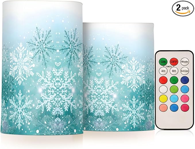 Silver Winter Teal Turquoise Snowflakes Christmas Flickering Flameless Candles Battery Operated with Remote Timer,Tea Light Candles LED Pillar Votive Candles set of 2 for Outdoor Indoor Decorations
