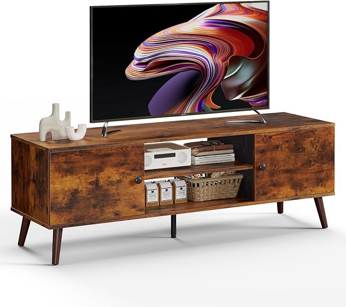 DUMOS TV Stand for 55 60 inch TV, Modern Mid Century Entertainment Center with Storage, Wooden Media Console Table with 2 Cabinets, for Living Room, Bedroom, Rust