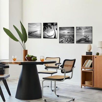 sechars - Black and White Beach Pictures Wall Art Sunrise on Sea Scenery Painting Giclee Canvas Print Stretched for Bathroom Room Living Room Office Wall Decoration