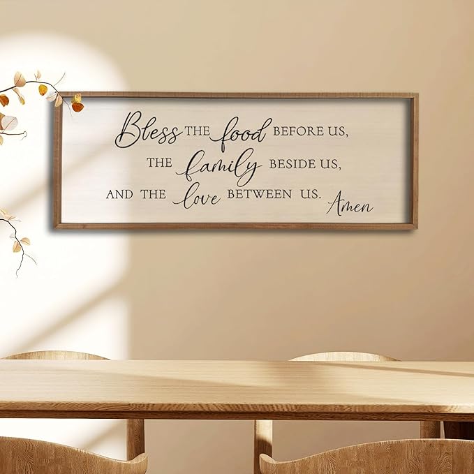 Bless the Food Before Us Wall Decor Sign 40" X 15" Dining Room Wall Decor Framed Wood for Large Farmhouse Vintage Prayer Catholic Kitchen Wall Hanging Scripture Bible Verse Art (Wood)