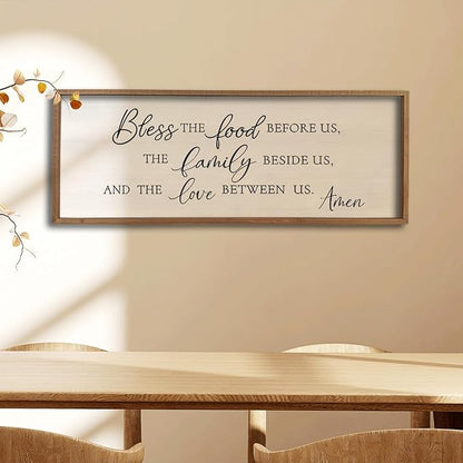 Bless the Food Before Us Wall Decor Sign 40" X 15" Dining Room Wall Decor Framed Wood for Large Farmhouse Vintage Prayer Catholic Kitchen Wall Hanging Scripture Bible Verse Art (Wood)