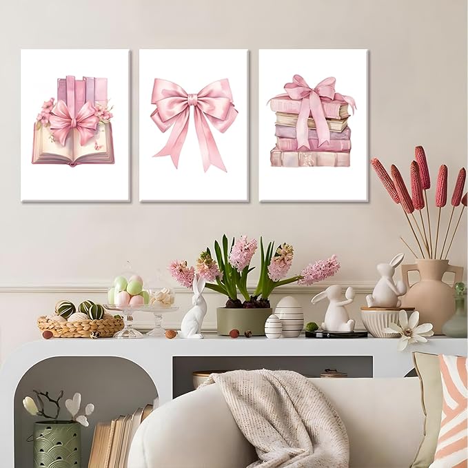 JBZZD Coquette Pink Bow Canvas Wall Art Set of 3,Book Lovers Gifts Preppy Decor Trendy Pink book Posters Pictures Prints Aesthetic for Girls Room College Apartment Living Room Bedroom Framed 16x24 In