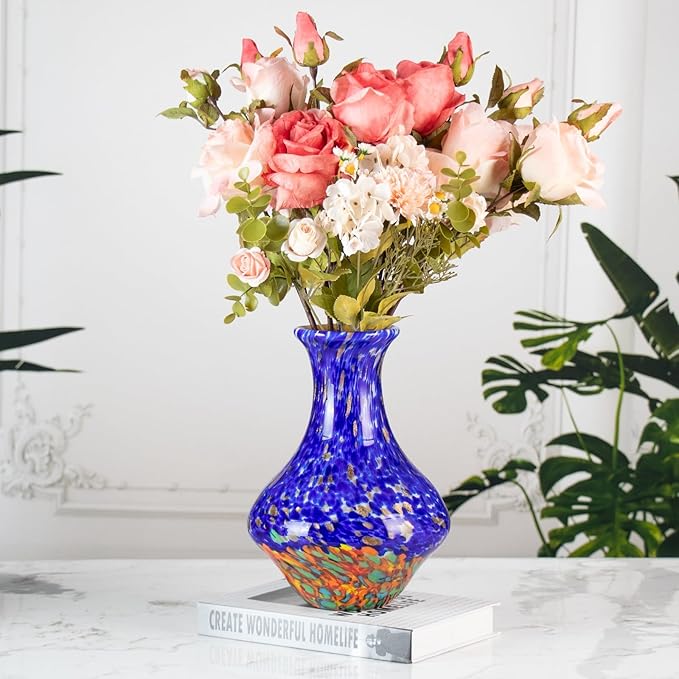 KAMMAK Colored Glass Vase, Beautiful Hand Blown Decorative Vase, Modern Art Vase for Flower Mantle Dining Table Centerpiece, Entryway Living Room Wedding Decoration, HR010
