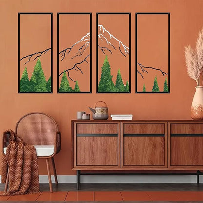 ruelen 4 Pcs Metal Mountain Forest Snow Mountain Wall Decorations，Large Abstract Minimalist Line Drawing Colorful Mountains Wall Art Home Decor for Living Room Bathroom Bedroom Office（Green，Large ）