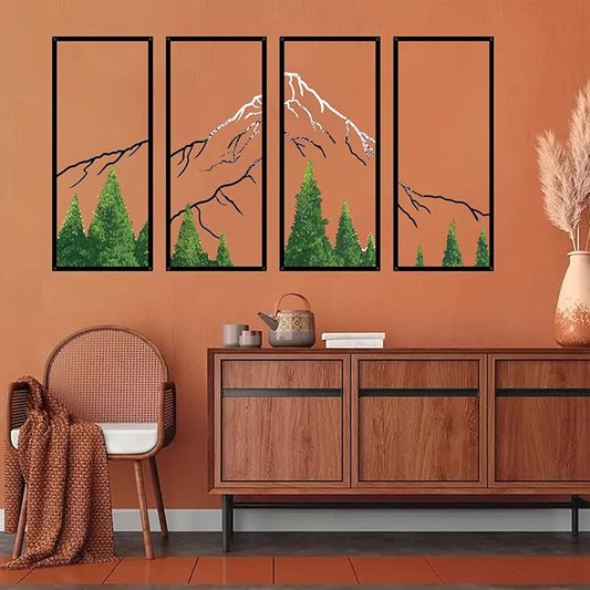 ruelen 4 Pcs Metal Mountain Forest Snow Mountain Wall Decorations，Large Abstract Minimalist Line Drawing Colorful Mountains Wall Art Home Decor for Living Room Bathroom Bedroom Office（Green，Large ）