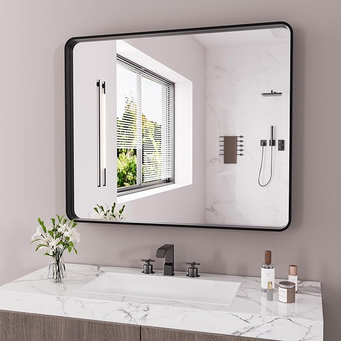 JISOSO Black Bathroom Mirror 48X40 Inch, Black Metal Framed Mirror for Wall, Rounded Rectangle Matte Bathroom Vanity Mirror with Tempered Glass, Anti-Rust, Horizontal/Vertical