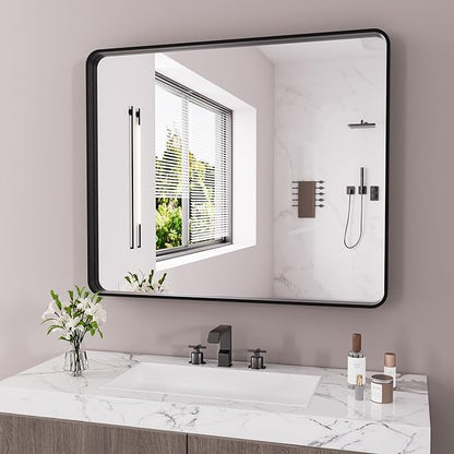 JISOSO Black Bathroom Mirror 48X40 Inch, Black Metal Framed Mirror for Wall, Rounded Rectangle Matte Bathroom Vanity Mirror with Tempered Glass, Anti-Rust, Horizontal/Vertical