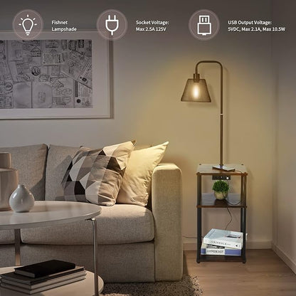 Floor Lamp with Table, Side Table with USB Charging Port and Outlet, Modern Bedside Nightstand End Table with Floor Light for Living Room, Bedroom, Guest Room, Bulb Included, 2 Pack