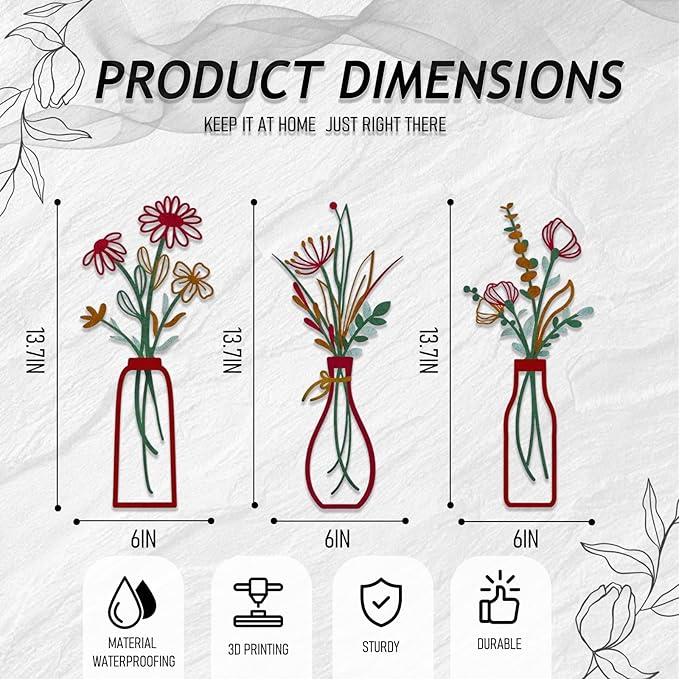 PAASTAI 3 Pieces Metal Flowers Wall Art - Minimalist Farmhouse Wall Hanging Decor for Living Room, Bedroom, Kitchen, Bathroom, Hallway - Floral Home and Office Decor (DK-04)