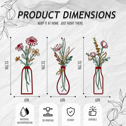 PAASTAI 3 Pieces Metal Flowers Wall Art - Minimalist Farmhouse Wall Hanging Decor for Living Room, Bedroom, Kitchen, Bathroom, Hallway - Floral Home and Office Decor (DK-04)