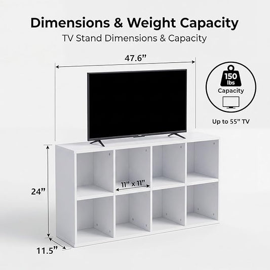 YESHOMY Modern TV Stand for Televisions up to 55 Inch, Mind Century Entertainment Center with 8 Open Shelves for 32/43/50/55 Inchs TVs, Media Furniture for Living Room, White