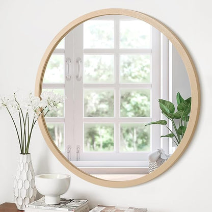 JJUUYOU Large Round Mirrors for Wall Circular Mirror for Bathroom 24 Inc Wood Framed Round Mirror for Bathroom Make up Mirror for Living Room Wall Mounted Bedroom Dorm
