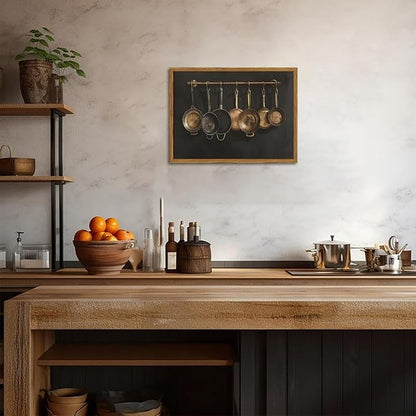 Framed Vintage Kitchen Canvas Wall Art, Farmhouse Pans Pictures Wall Decor Prints, Rustic Hanging Pots Paintings Poster Antique Home Decor Artwork for Dining Room Living Room 16×24 inch