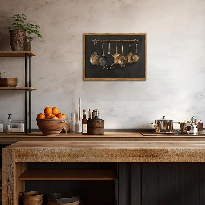 Framed Vintage Kitchen Canvas Wall Art, Farmhouse Pans Pictures Wall Decor Prints, Rustic Hanging Pots Paintings Poster Antique Home Decor Artwork for Dining Room Living Room 12x16 inch