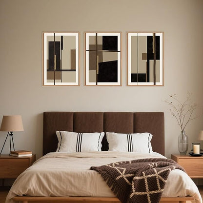Abstract Shapes Framed Canvas Wall Art Set, Mid-Century Black Polygon Wall Decor, Black Brown Irregular Painting, Neutral Modern Art Print for Living Room, Dining Room, Office - 24"x36"x3