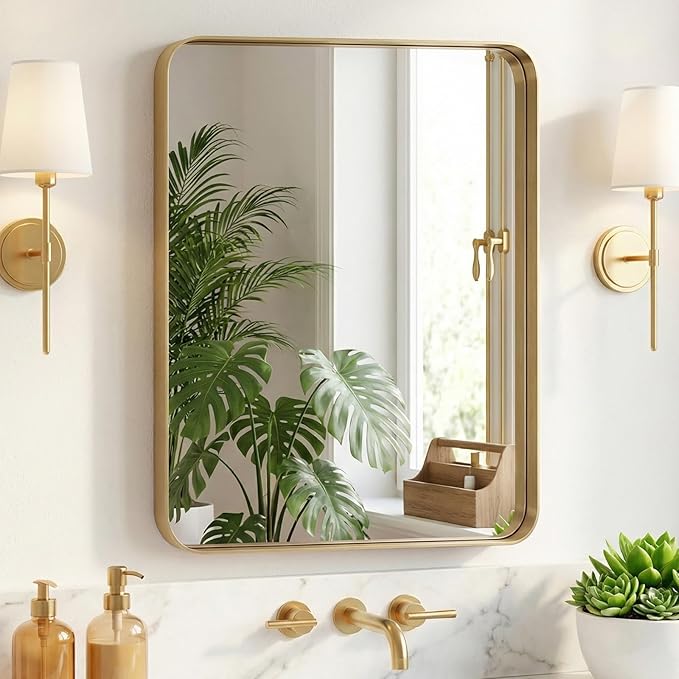 Sweetcrispy Bathroom Wall Mirror, 30x22 Inch Wall Mount Mirror for Over Sink, Modern Rounded Rectangle Vanity Mirror with Matte Metal Framed, for Home Decor, Living Room, Bedroom, Gold