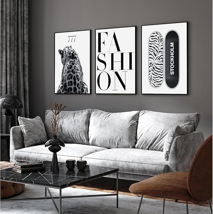 SUOLIUKJYS 3Pcs Trendy Leopard Wall Art Black White Cheetah Wall Decor Fashion Aesthetic Canvas Posters Preppy Stockholm Prints Stylish Cheetah Pictures Y2k Painting for Bedroom Unframed 12x16 Inch
