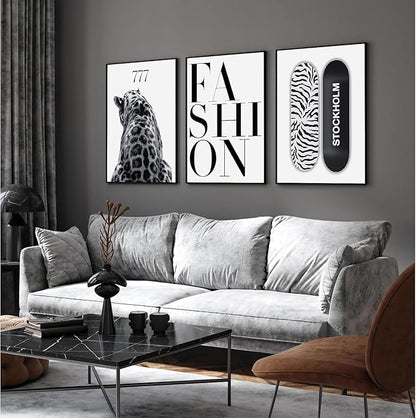 SUOLIUKJYS 3Pcs Trendy Leopard Wall Art Black White Cheetah Wall Decor Fashion Aesthetic Canvas Posters Preppy Stockholm Prints Stylish Cheetah Pictures Y2k Painting for Bedroom Unframed 12x16 Inch
