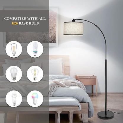 DWTB Black Arc Floor Lamps for Living Room,Modern Standing Lamp with Adjustable Drum Lampshade Tall Pole Lamp with Foot Switch Over Couch Arched Floor Light for Reading Bedroom 8W LED Bulb Included