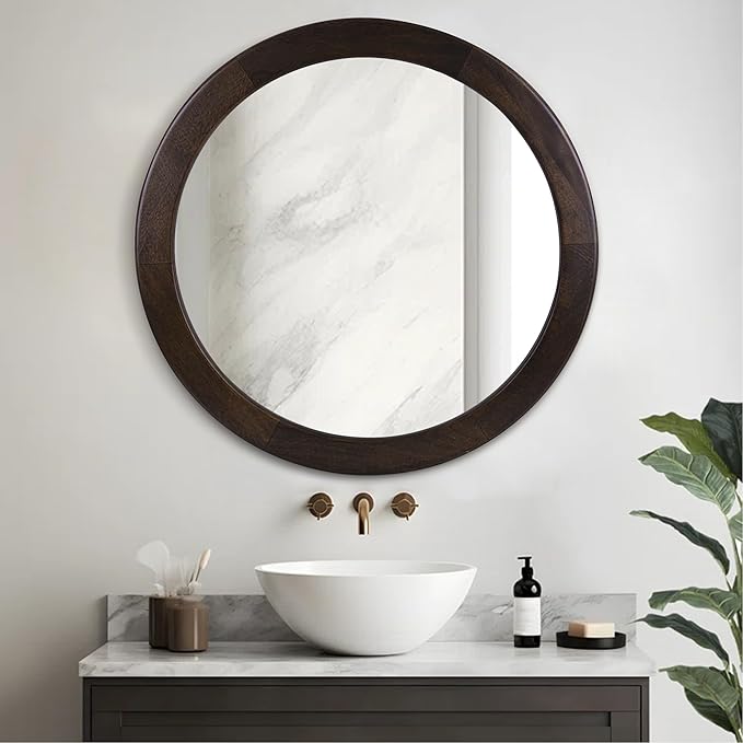 Round Mirrors 24 Inch,Wood Vanity Wall Rustic Mirror with Wood Frame, Wooden Circle Mirror for Bathroom Bedroom Living Room Or Entryway(Dark Walnut Brown)