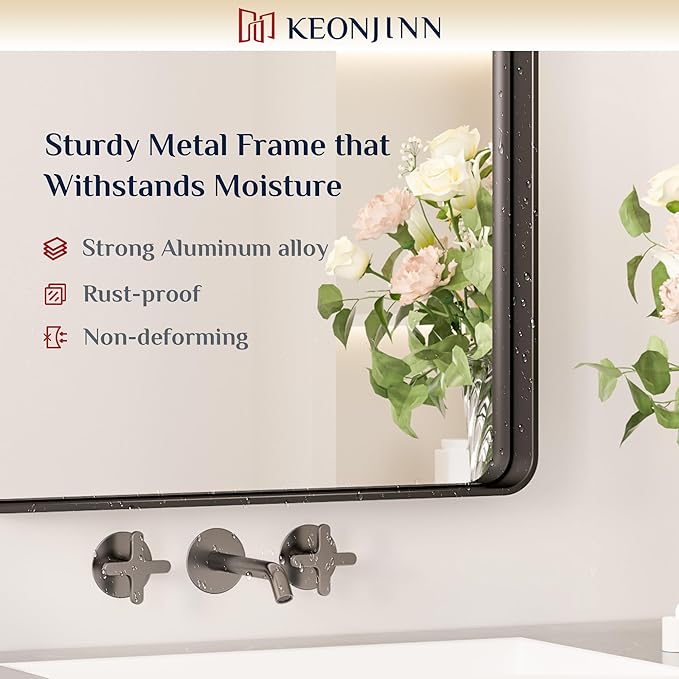 Keonjinn Black Bathroom Mirror for Over Sink, 42 x 36 Inch Large Rounded Rectangle Bathroom Vanity Mirror, Matte Black Sandblasted Finish, HD Tempered Glass, Seamless Aluminum Alloy Frame Mirror