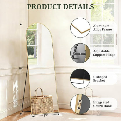 Mirror Full Length 56"x15" Full Body Floor Mirror with Stand, Shatterproof Glass, Aluminum Alloy Frame, Free Standing Wall Mounted or Leaning Arched Mirrors for Bedroom Living Room Entryway