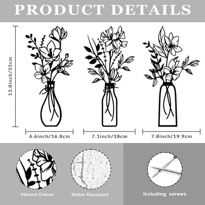 ARTINME 3 Pieces Metal Flowers Wall Arts - Rustic Farmhouse Decor Minimalist Flower Wall Decors for Living room Bathroom Kitchen Bedroom Dining Room - Housewarming Gifts (Black)