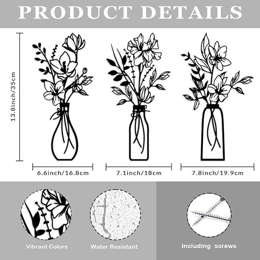 ARTINME 3 Pieces Metal Flowers Wall Arts - Rustic Farmhouse Decor Minimalist Flower Wall Decors for Living room Bathroom Kitchen Bedroom Dining Room - Housewarming Gifts (Black)